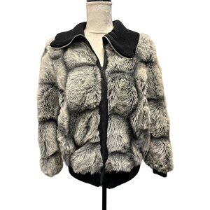 Women's Vintage Faux Fur Patchwork BGack and Grey Jacket With Black Knit Collar
